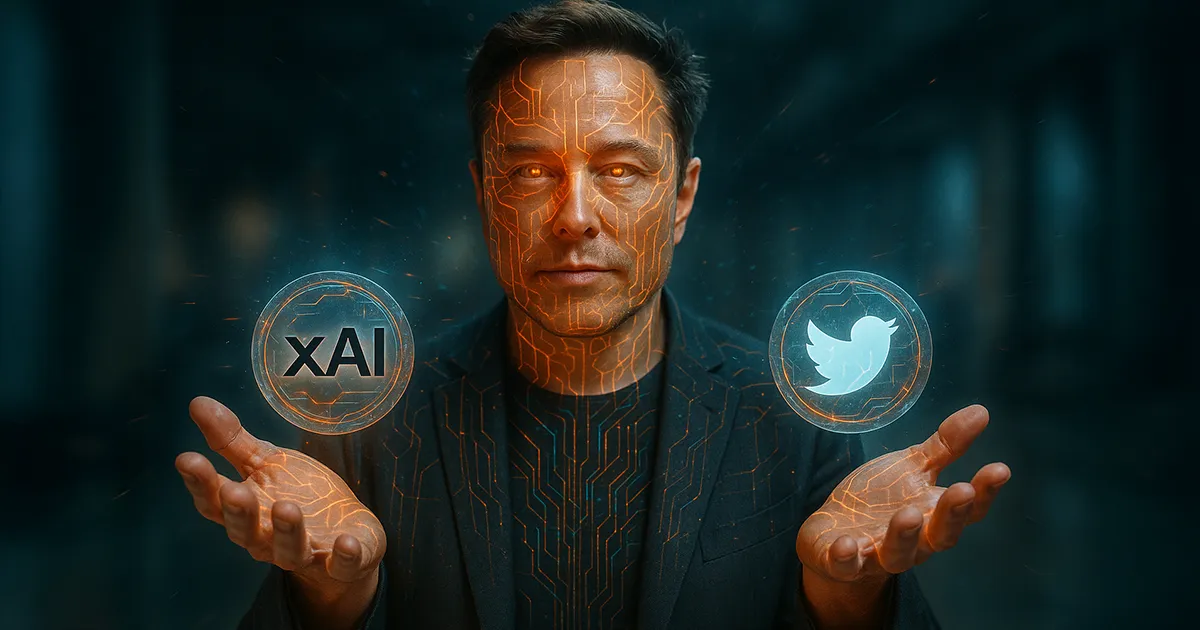 Elon Musk zeigt ein xai logo und ein Twitter logo 